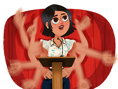 Illustration of woman quickly gesturing at podium