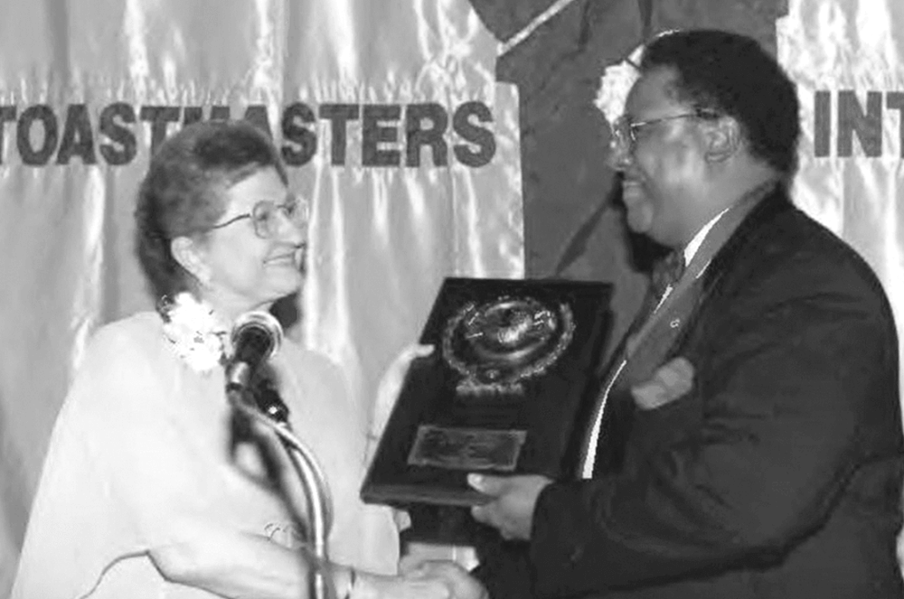 Past Toastmasters International Presidents Helen Blanchard and Ted Wood onstage at convention